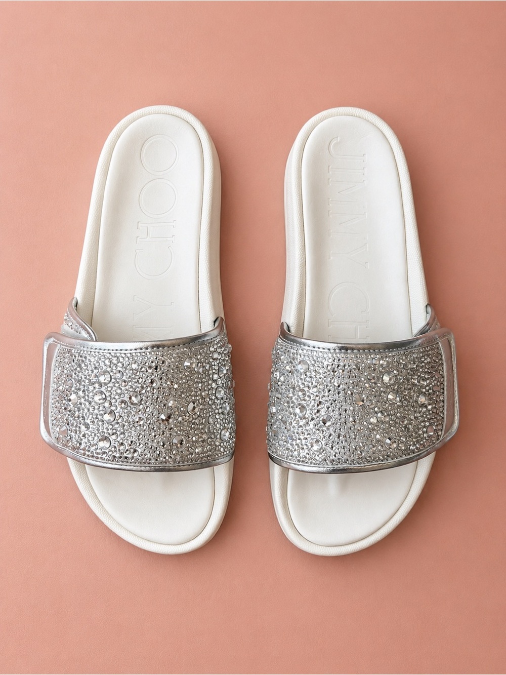 Jimmy Choo Fitz Crystal Embellished Slides Sandals Sz 39 US 9 Ivory